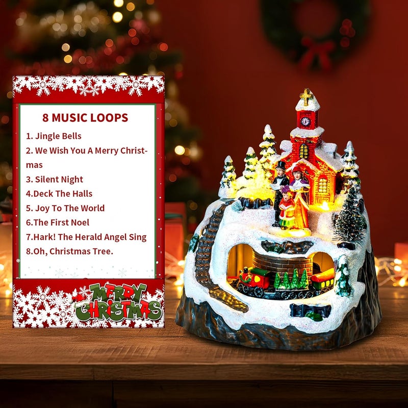 MXwcy Animated Christmas Village Decoration – Lighted Church Choir & Moving Train on Snowy Mountain – Holiday Collectible Statue Centerpiece - Image 3